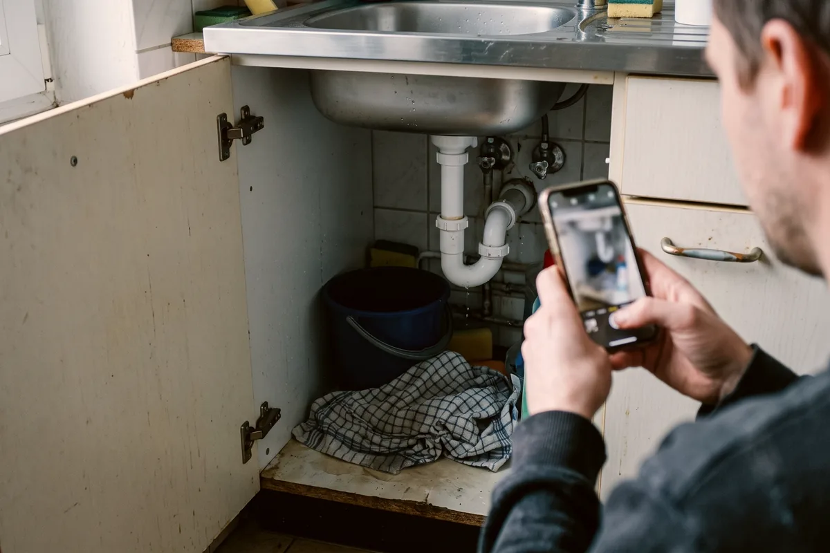 Vermieter fotografiert einen Wasserschaden unter der Spüle für die Schadenmeldung an die Versicherung