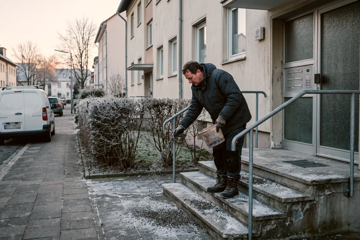 Vermieter streut am frühen Morgen die vereisten Stufen vor einem Mehrfamilienhaus mit Monteurwohnungen