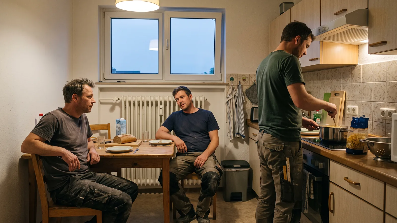 Drei Monteure kochen und essen nach Feierabend ruhig in einer gepflegten Monteurwohnung