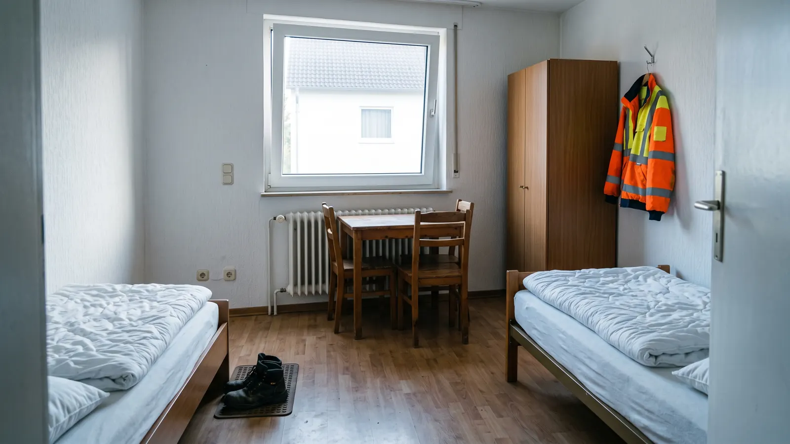 Monteurzimmer mit zwei getrennten Einzelbetten, Tisch und Arbeitsjacke am Haken
