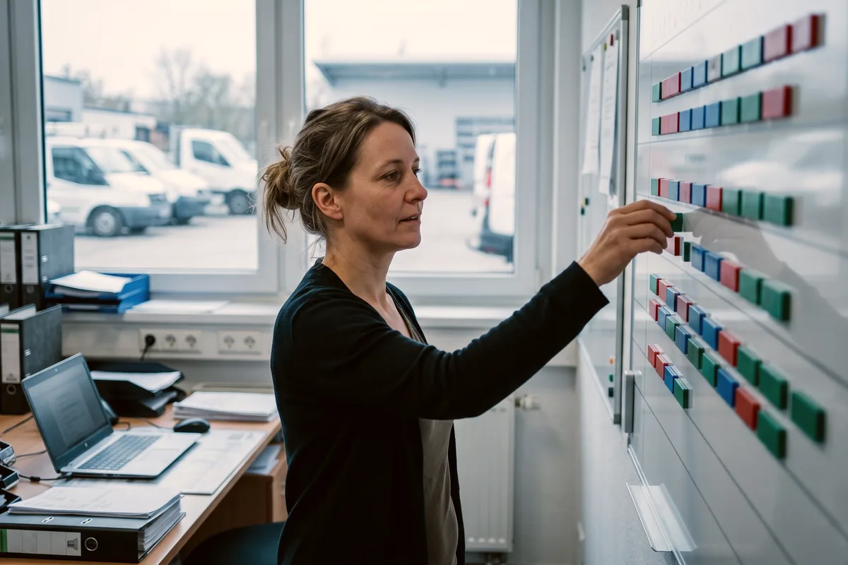 Disponentin plant an der Plantafel im Büro, welche Teams wo eingesetzt und untergebracht werden