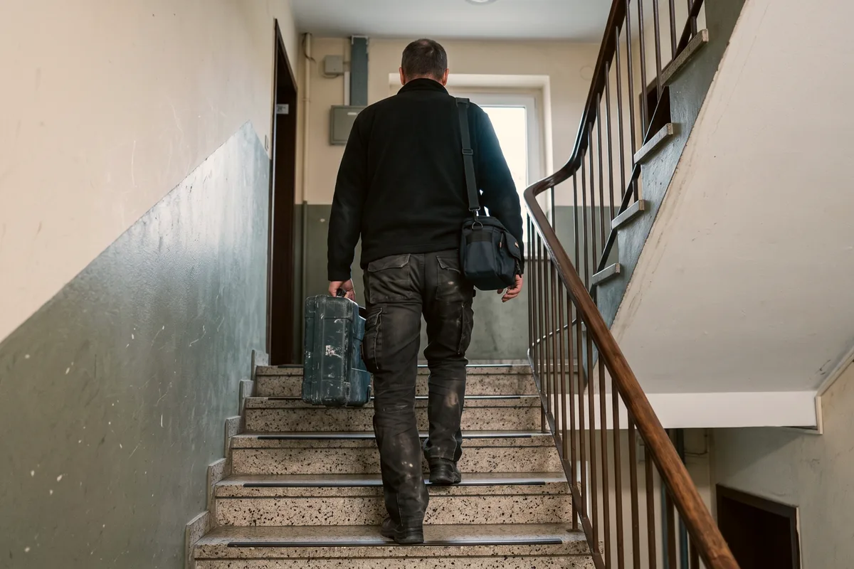 Elektriker mit Werkzeugkoffer und Reisetasche im Treppenhaus auf dem Weg in seine Unterkunft