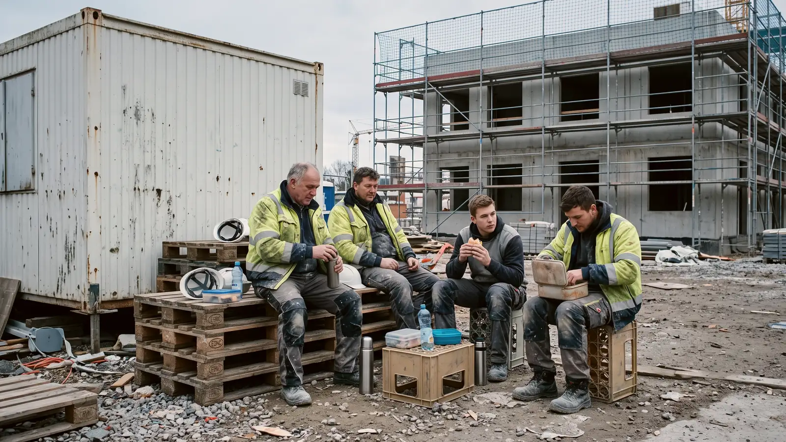 Bautrupp macht Mittagspause auf einer Baustelle in Deutschland