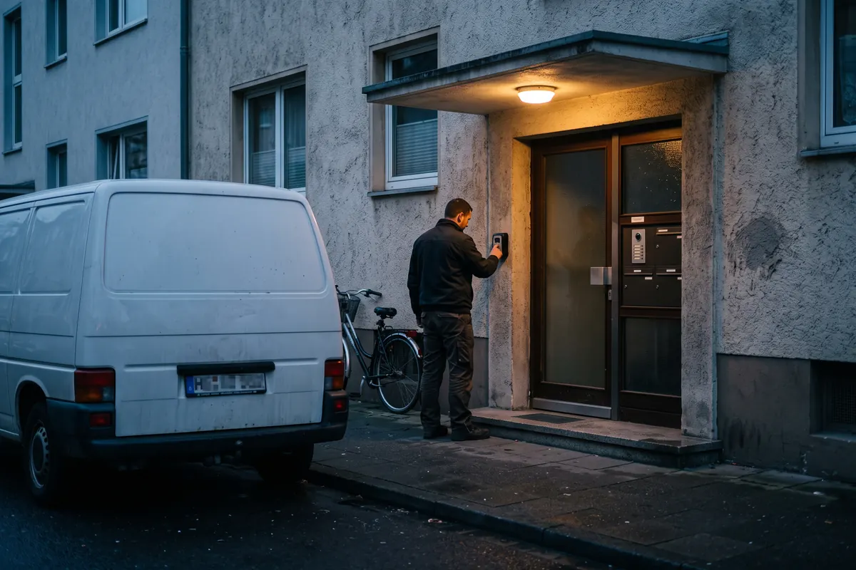 Monteur öffnet bei später Anreise einen Schlüsseltresor an der Haustür