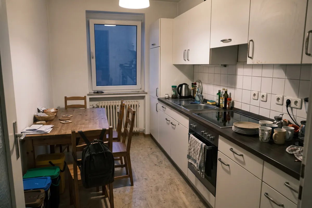 Küche einer Monteurwohnung mit Esstisch für vier Personen