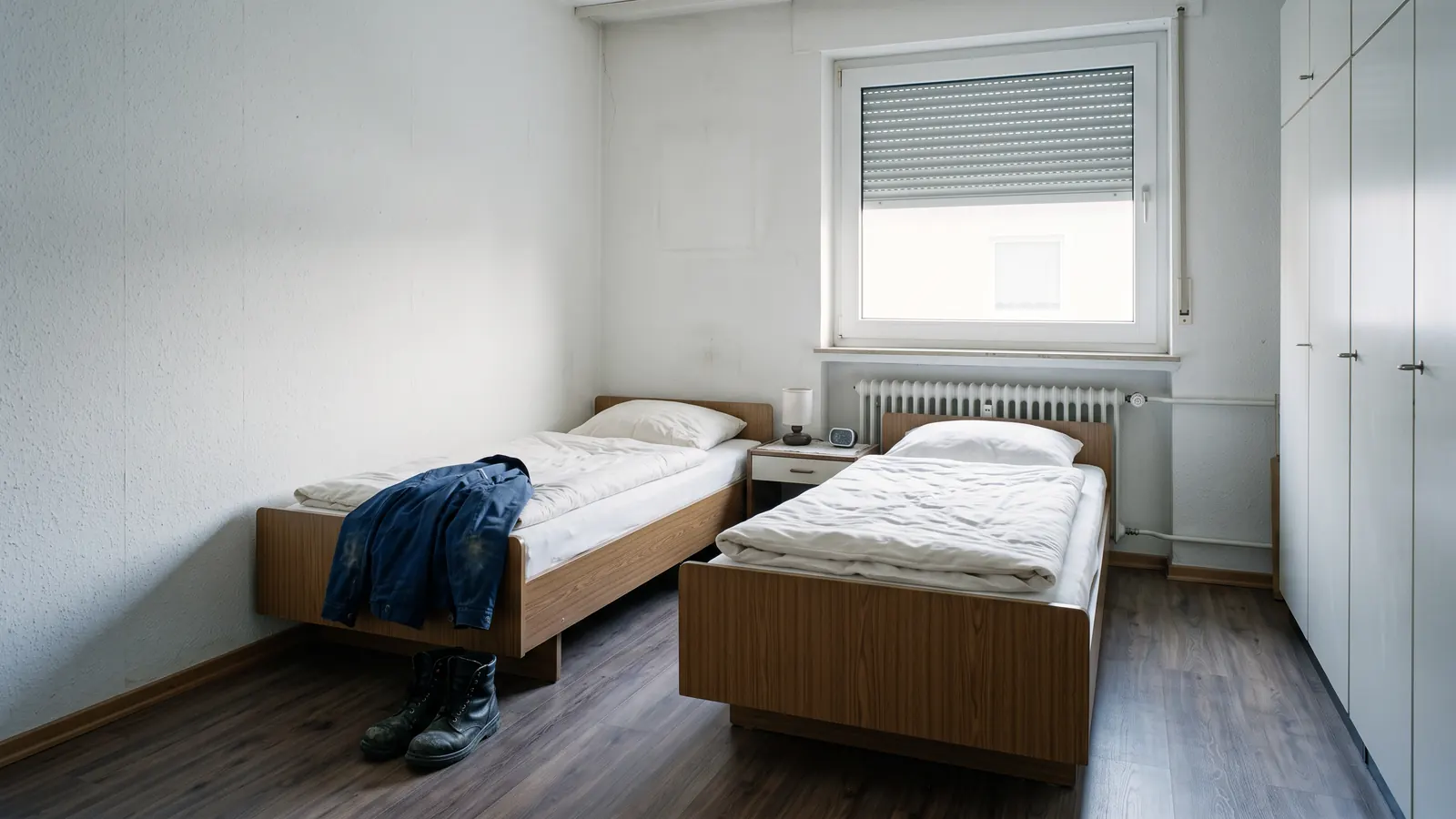 Schlafzimmer einer Monteurwohnung mit zwei Einzelbetten und Arbeitsjacke